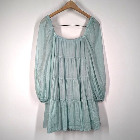 Alice + Olivia Rowen Tiered Square Neck Mini Dress Blue Puff Sleeves XS Preowned - Picture 4 of 9